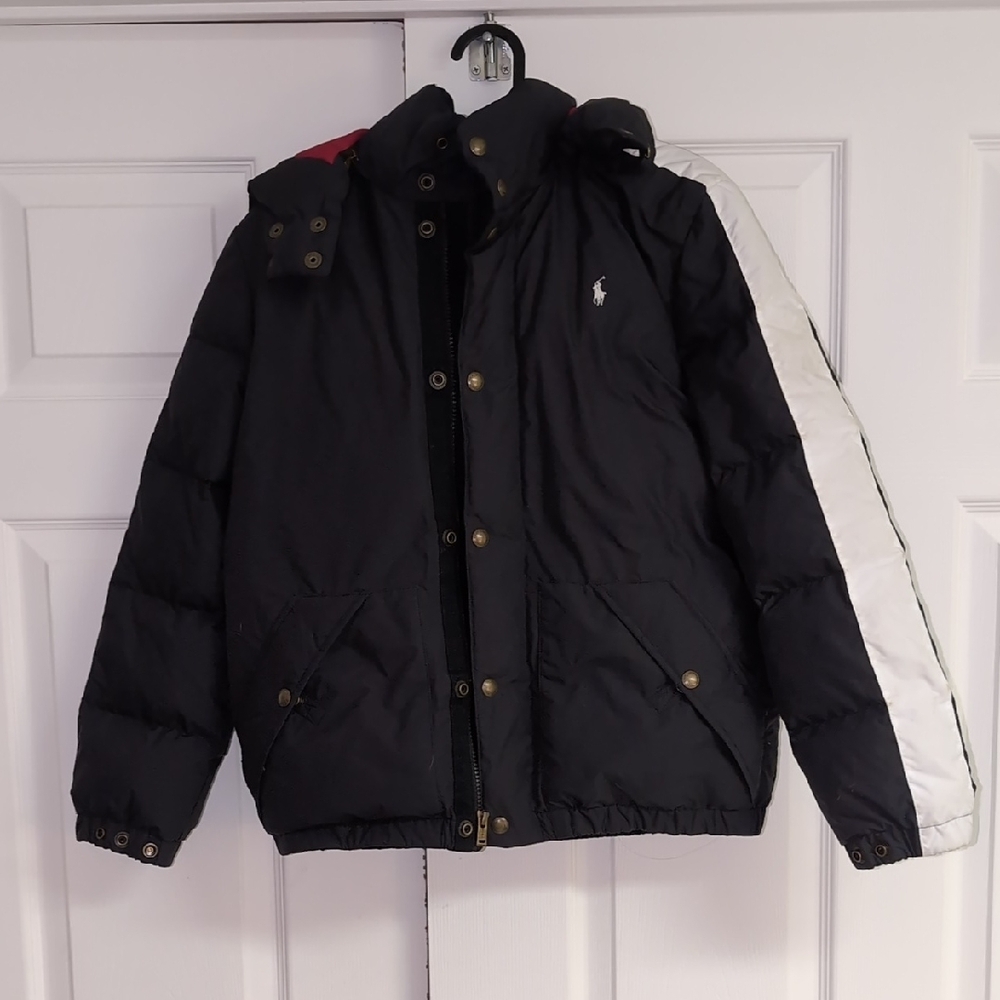 Ralph Lauren Black Puffer Jacket with White and Red Accents